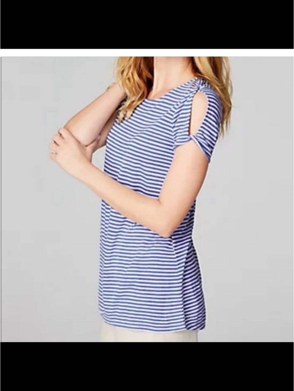 J. Jill Blue and White Linen Striped Cold-Shoulder Tee. Size Large